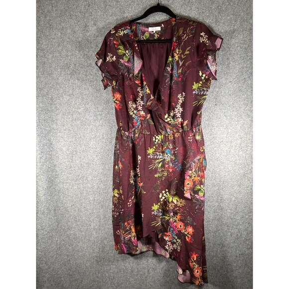 Parker Dress L Burgundy Floral Ruffle‎ Wrap Short Sleeve Feminine Romantic - Picture 1 of 8